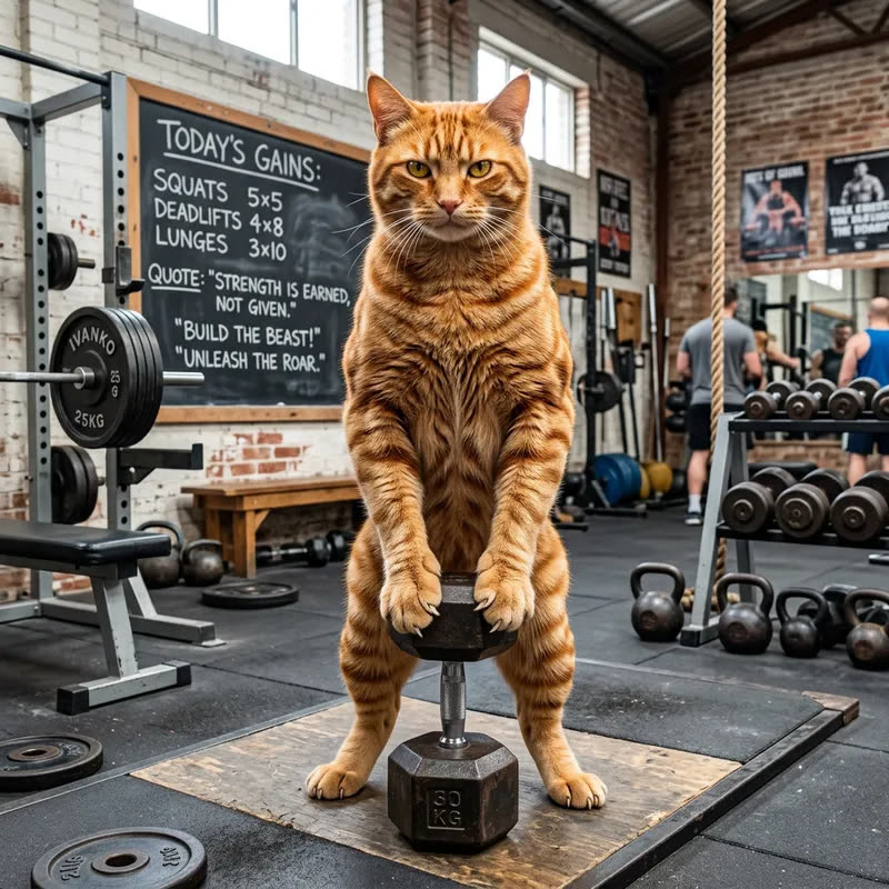 Roter Kater steht aufrecht auf einer 30-kg-Kurzhantel im Gym