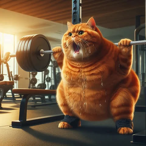 Dicker roter Kater stemmt eine Langhantel im Gym