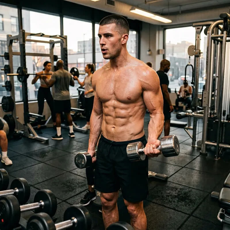 Sportlicher Mann mit Kurzhanteln in einem Fitnessstudio