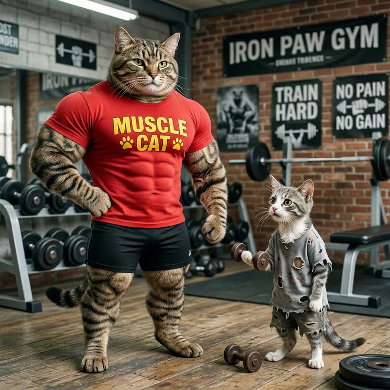 Muskulöser Kater im roten Shirt neben einem kleinen Kätzchen mit Hanteln im Gym