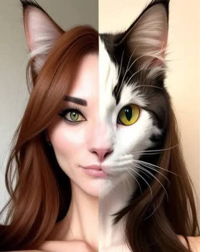 Porträt halb Frau, halb schwarz-weiße Katze