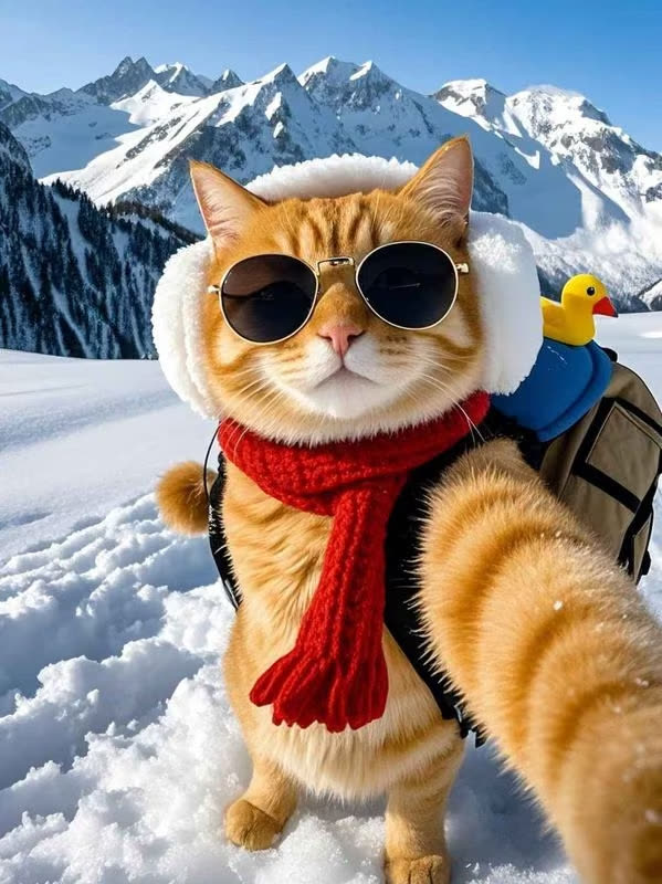 Roter Kater mit Sonnenbrille und Schal macht ein Selfie im Schnee vor Bergen